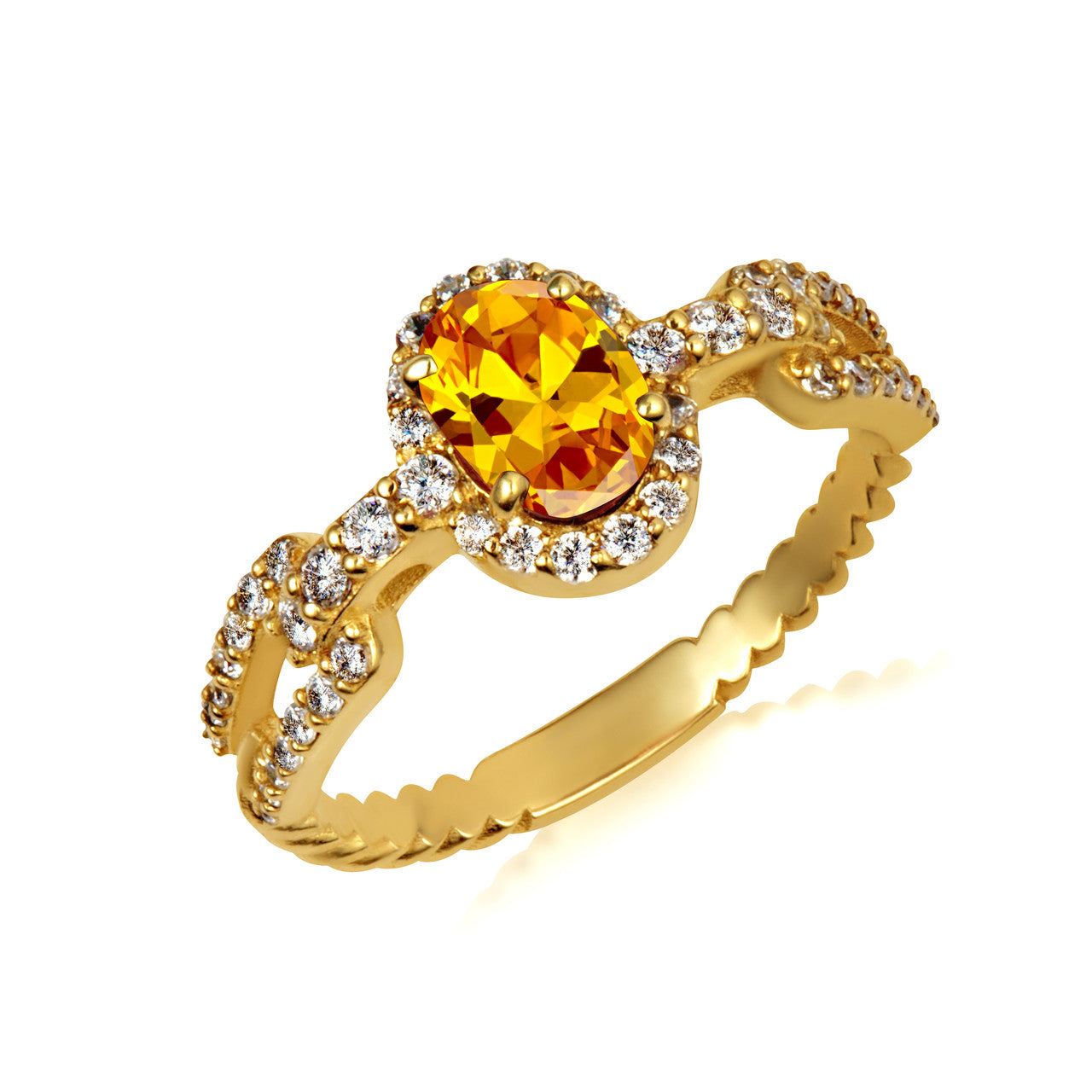 Gold Oval Gemstone Diamond Halo Studded Chain Link Ring 7.5mm (Available in Yellow/Rose/White Gold)