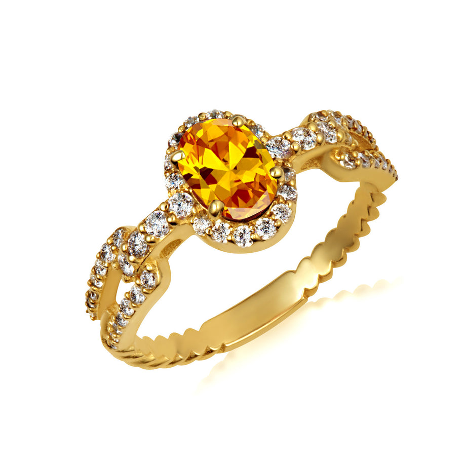 Gold Oval Gemstone Diamond Halo Studded Chain Link Ring 7.5mm (Available in Yellow/Rose/White Gold)