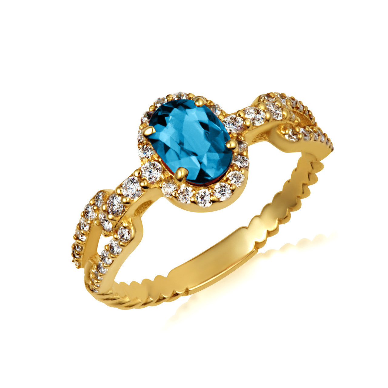 Gold Oval Gemstone Diamond Halo Studded Chain Link Ring 7.5mm (Available in Yellow/Rose/White Gold)