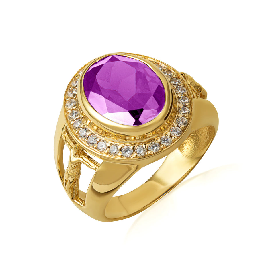 Gold Oval Birthstone Halo Jesus Christ Cross Crucifix Ring (Available in Yellow/Rose/White Gold)