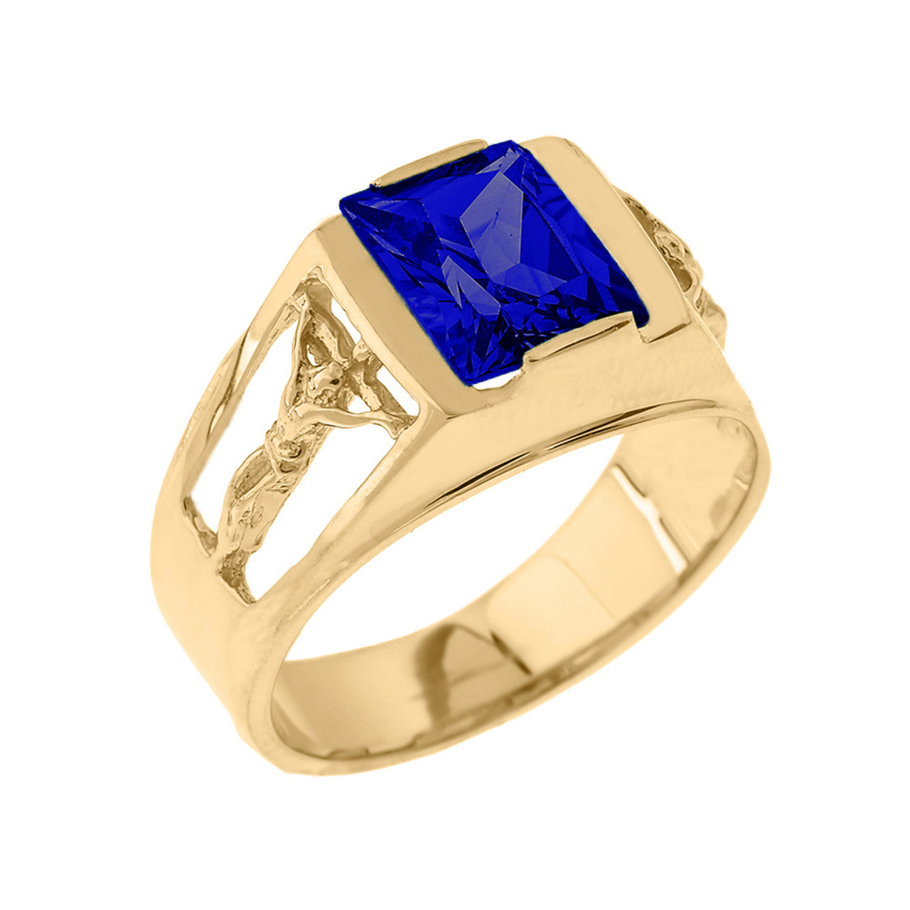 Yellow Gold Crucifix Cross Lab Created Gemstone Men's Ring