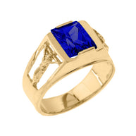 Yellow Gold Crucifix Cross Lab Created Gemstone Men's Ring
