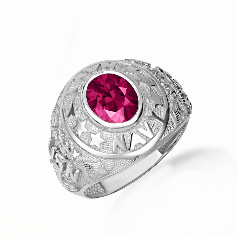 .925 Sterling Silver United States Navy Cubic Zirconia Birthstone Officially Licensed Men's Ring