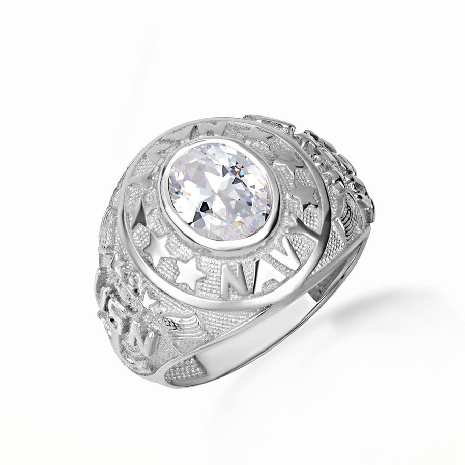 .925 Sterling Silver United States Navy Cubic Zirconia Birthstone Officially Licensed Men's Ring