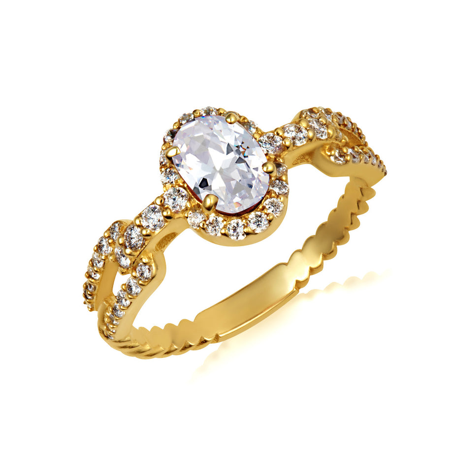 Gold Oval Gemstone Diamond Halo Studded Chain Link Ring 7.5mm (Available in Yellow/Rose/White Gold)