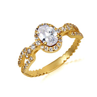 Gold Oval Gemstone Diamond Halo Studded Chain Link Ring 7.5mm (Available in Yellow/Rose/White Gold)