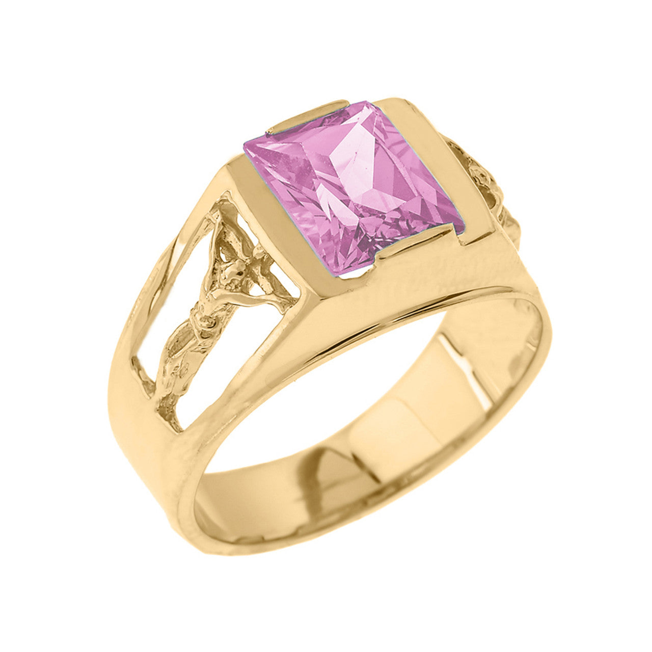 Yellow Gold Crucifix Cross Lab Created Gemstone Men's Ring
