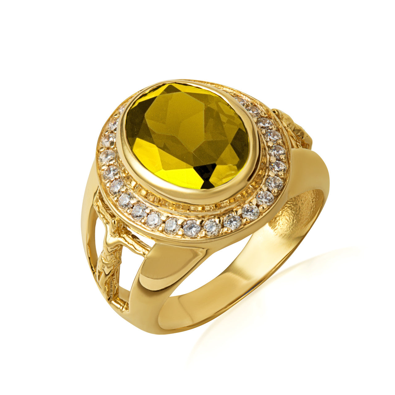 Gold Oval Birthstone Halo Jesus Christ Cross Crucifix Ring (Available in Yellow/Rose/White Gold)