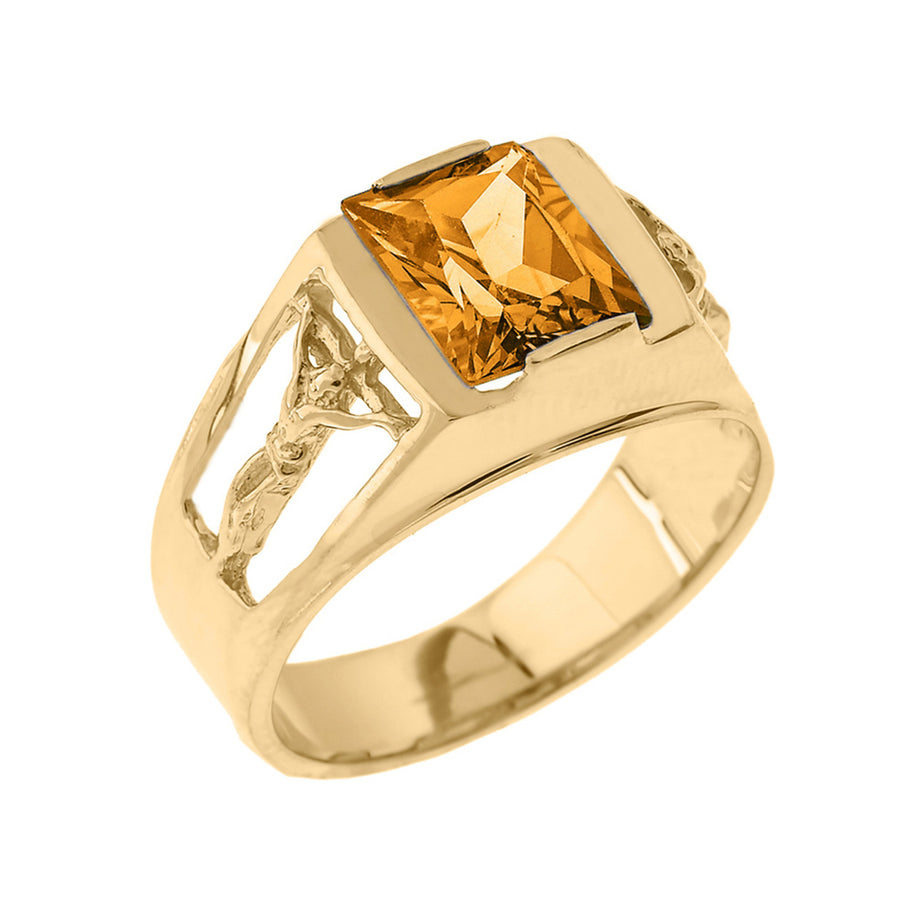 Yellow Gold Crucifix Cross Lab Created Gemstone Men's Ring