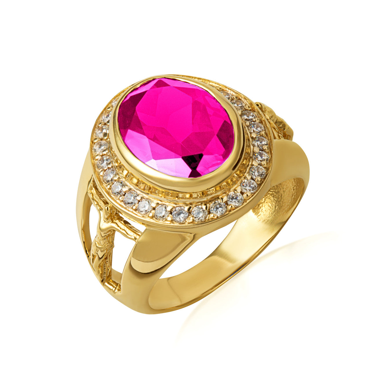 Gold Oval Birthstone Halo Jesus Christ Cross Crucifix Ring (Available in Yellow/Rose/White Gold)