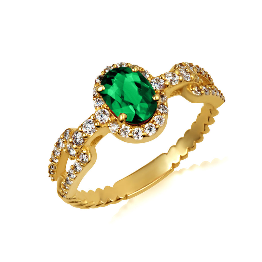 Gold Oval Gemstone Diamond Halo Studded Chain Link Ring 7.5mm (Available in Yellow/Rose/White Gold)