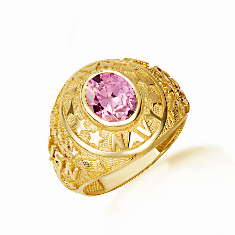 Gold United States Navy Cubic Zirconia Birthstone Officially Licensed Men's Ring (Available in Yellow/Rose/White Gold)