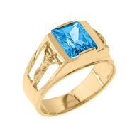 Yellow Gold Crucifix Cross Lab Created Gemstone Men's Ring