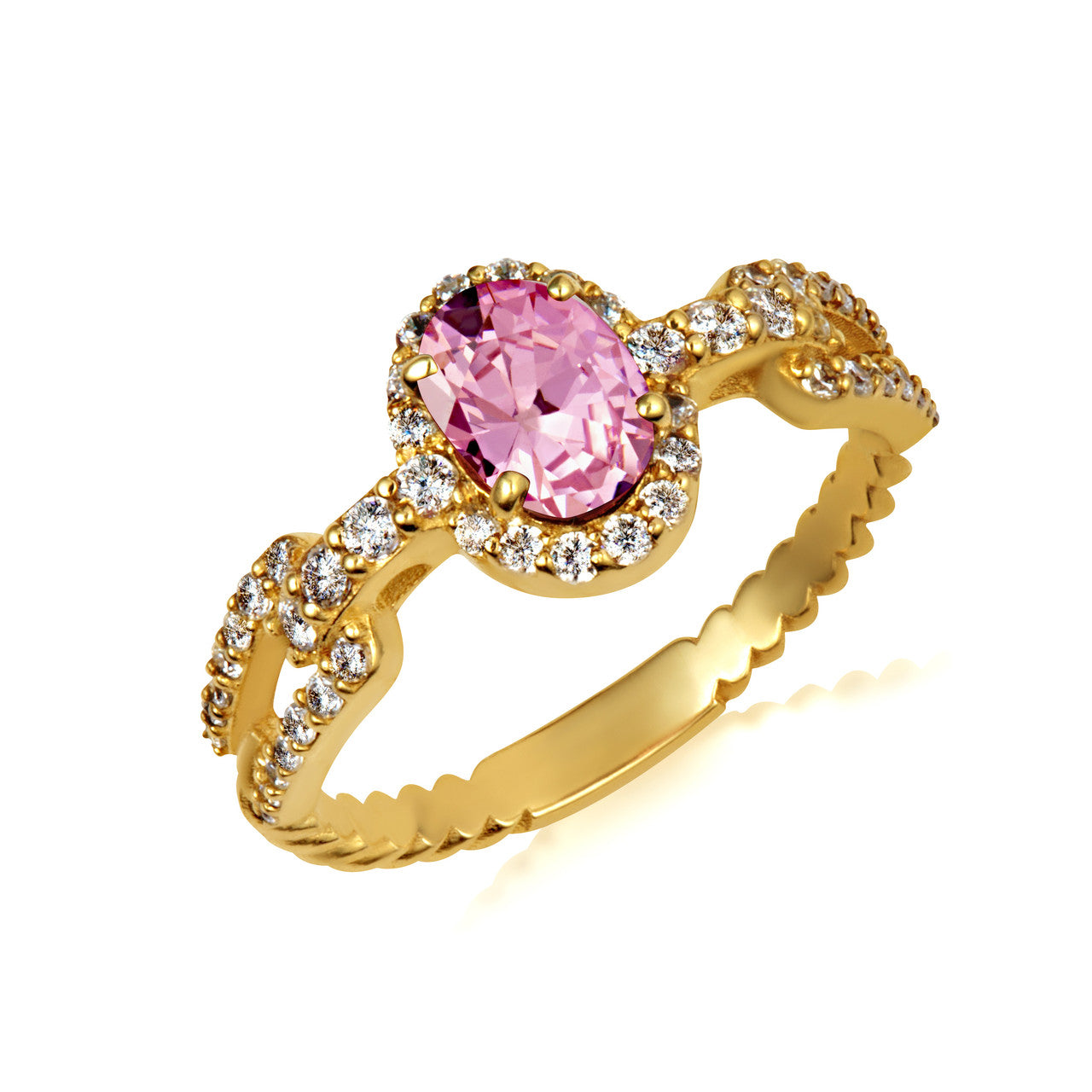Gold Oval Gemstone Diamond Halo Studded Chain Link Ring 7.5mm (Available in Yellow/Rose/White Gold)
