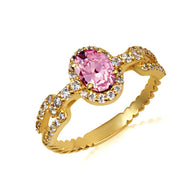 Gold Oval Gemstone Diamond Halo Studded Chain Link Ring 7.5mm (Available in Yellow/Rose/White Gold)