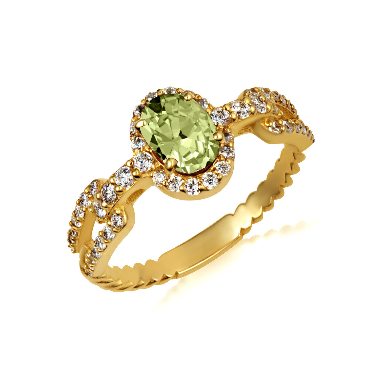 Gold Oval Gemstone Diamond Halo Studded Chain Link Ring 7.5mm (Available in Yellow/Rose/White Gold)