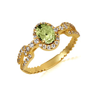 Gold Oval Gemstone Diamond Halo Studded Chain Link Ring 7.5mm (Available in Yellow/Rose/White Gold)