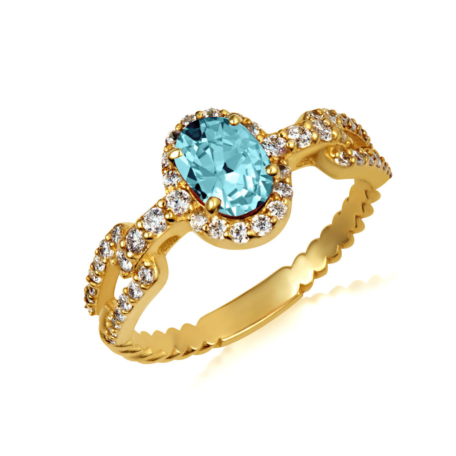 Gold Oval Gemstone Diamond Halo Studded Chain Link Ring 7.5mm (Available in Yellow/Rose/White Gold)