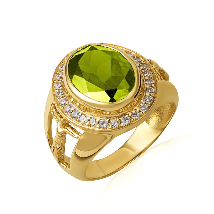 Gold Oval Birthstone Halo Jesus Christ Cross Crucifix Ring (Available in Yellow/Rose/White Gold)