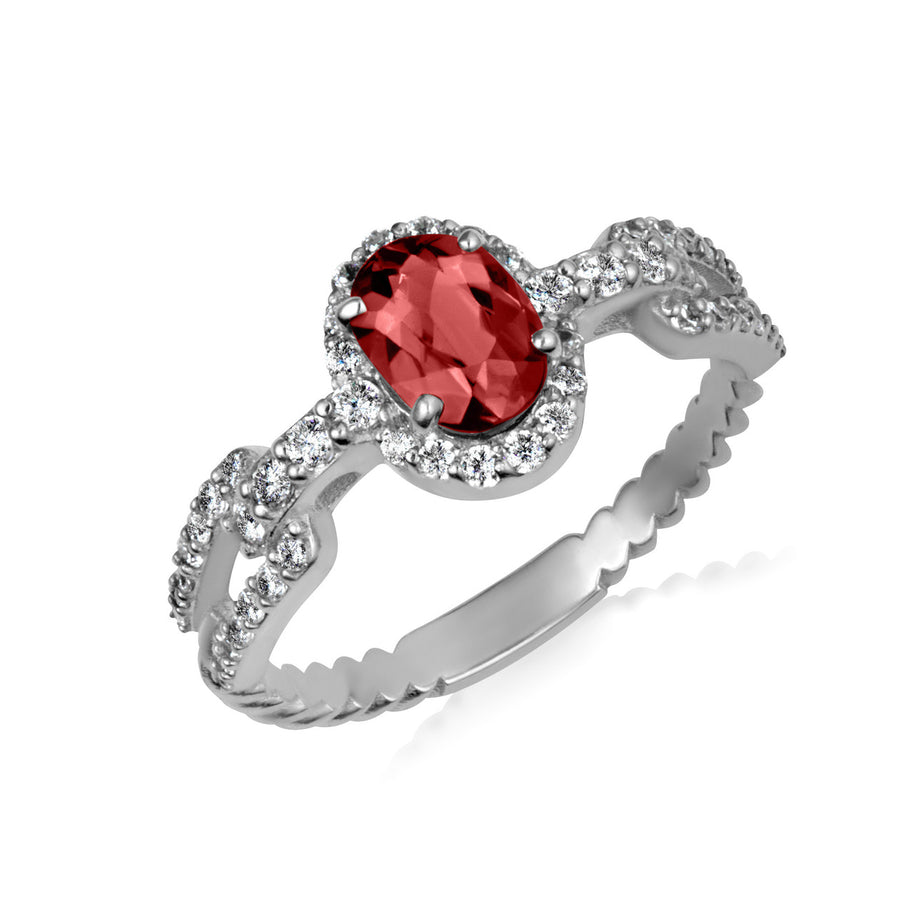 Gold Oval Gemstone Diamond Halo Studded Chain Link Ring 7.5mm (Available in Yellow/Rose/White Gold)