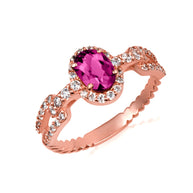 Gold Oval Gemstone Diamond Halo Studded Chain Link Ring 7.5mm (Available in Yellow/Rose/White Gold)