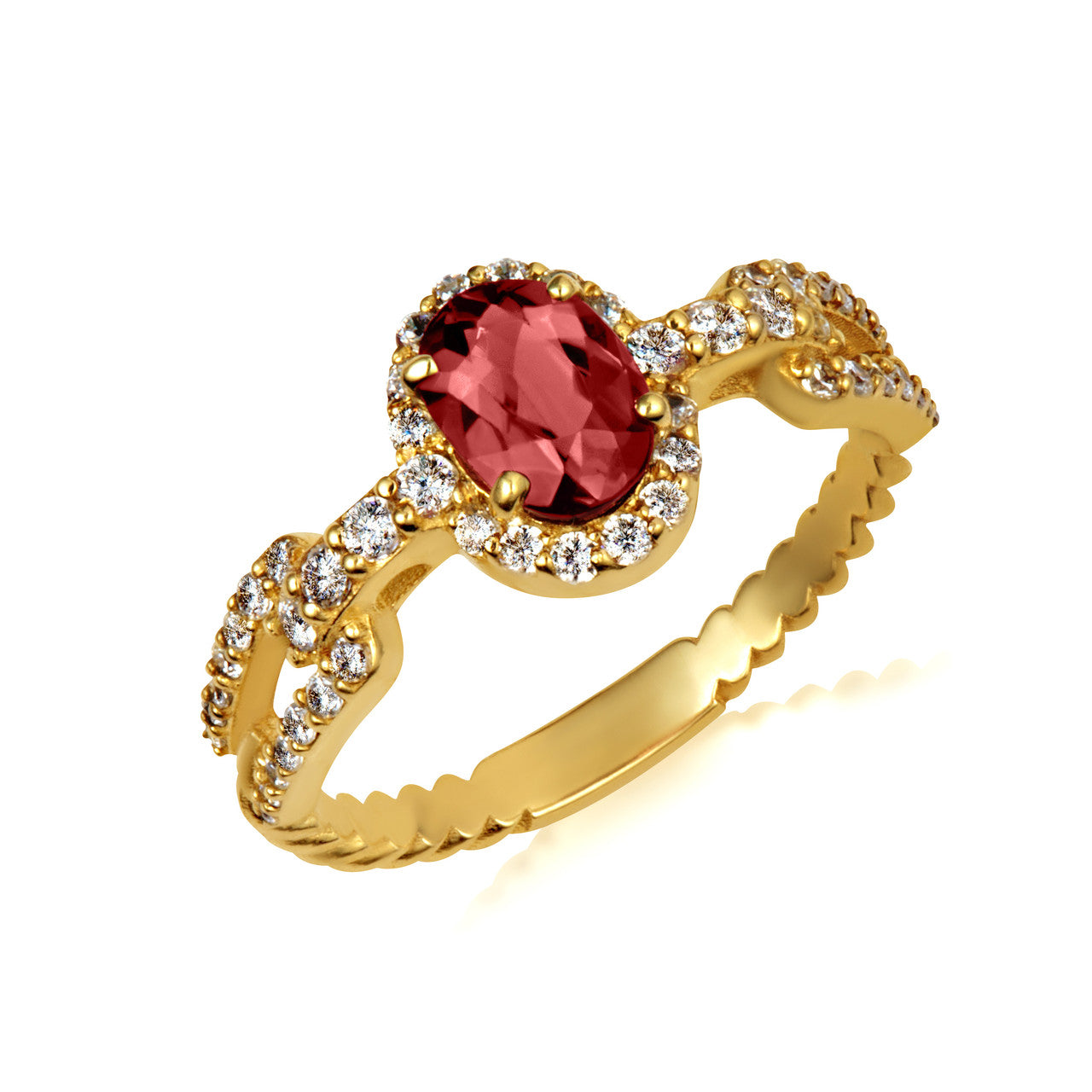 Gold Oval Gemstone Diamond Halo Studded Chain Link Ring 7.5mm (Available in Yellow/Rose/White Gold)