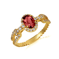 Gold Oval Gemstone Diamond Halo Studded Chain Link Ring 7.5mm (Available in Yellow/Rose/White Gold)