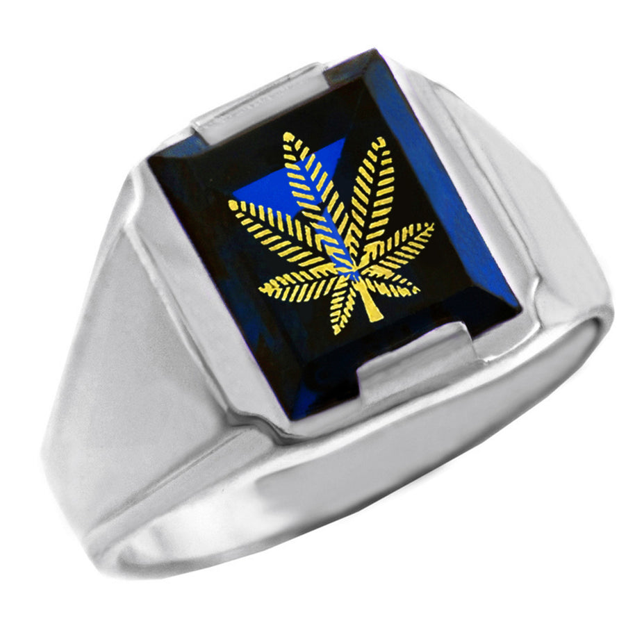 Sterling Silver Blue CZ Stone Marijuana Signet Men's Ring
