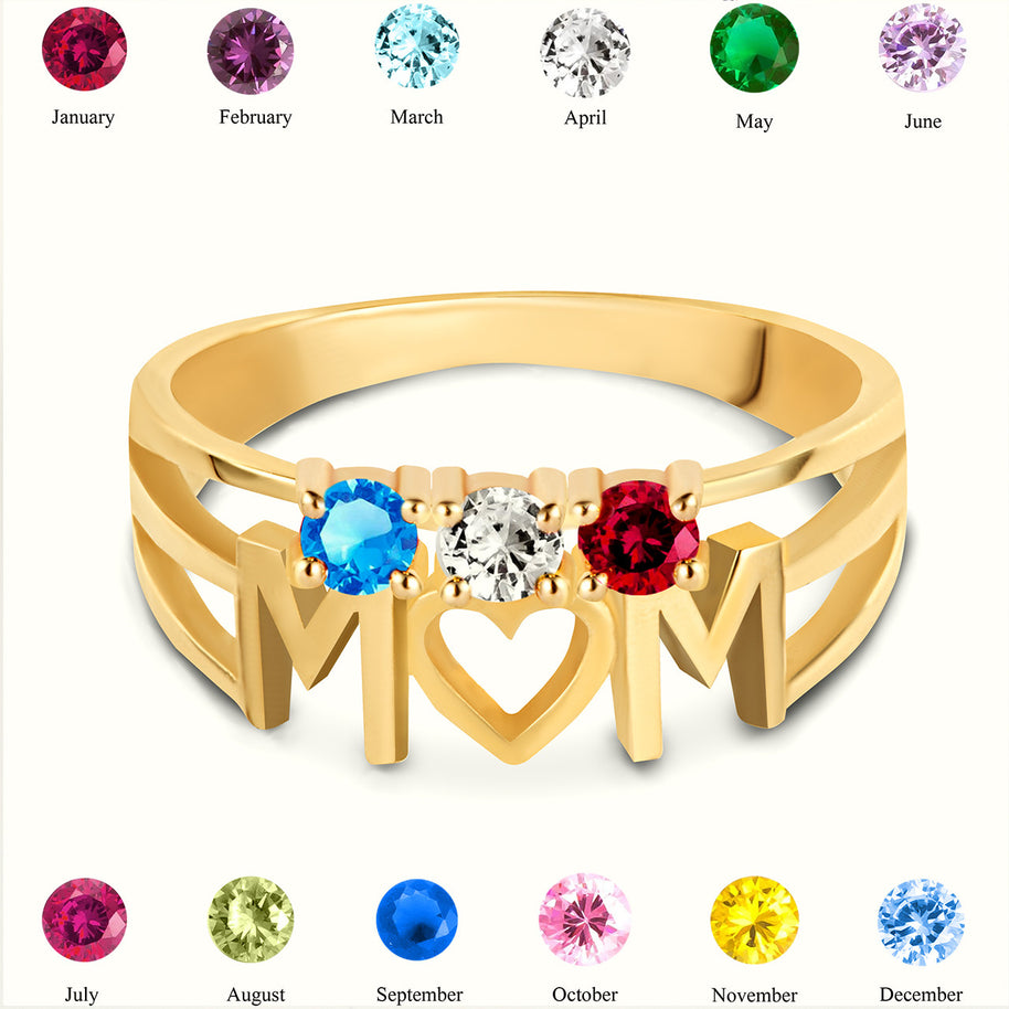 Gold Personalized Mom Heart 3 Birthstones Mother's Ring (Available in Yellow/Rose/White Gold)