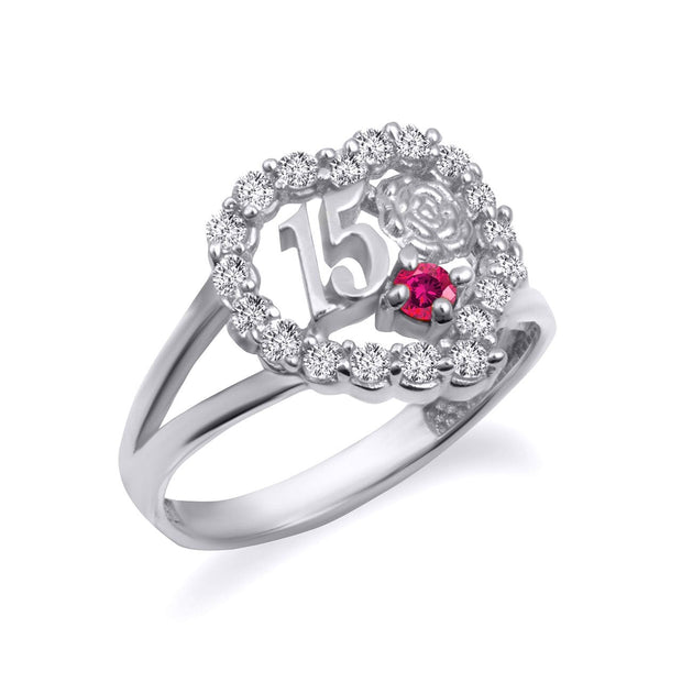 .925 Sterling Silver 15 Años Cubic Zirconia Heart Birthstone Rose Flower Quinceañera Ring