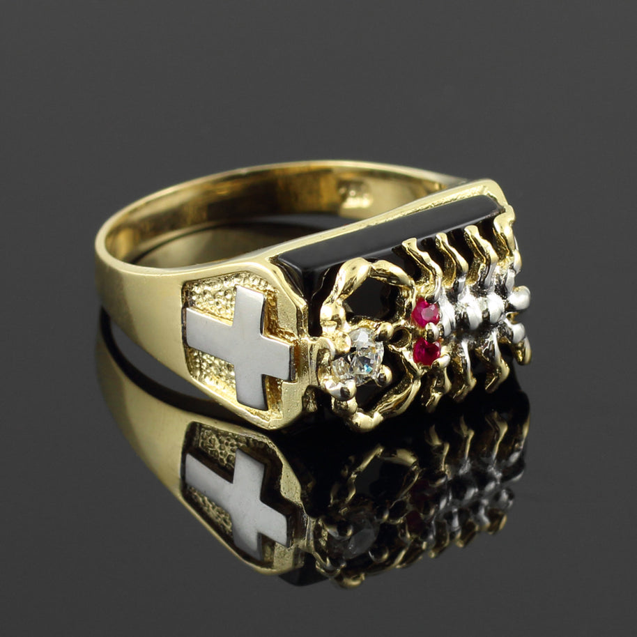 Solid Gold Men's Black Onyx Scorpion Ring with Cross(Available in Yellow/White Gold)
