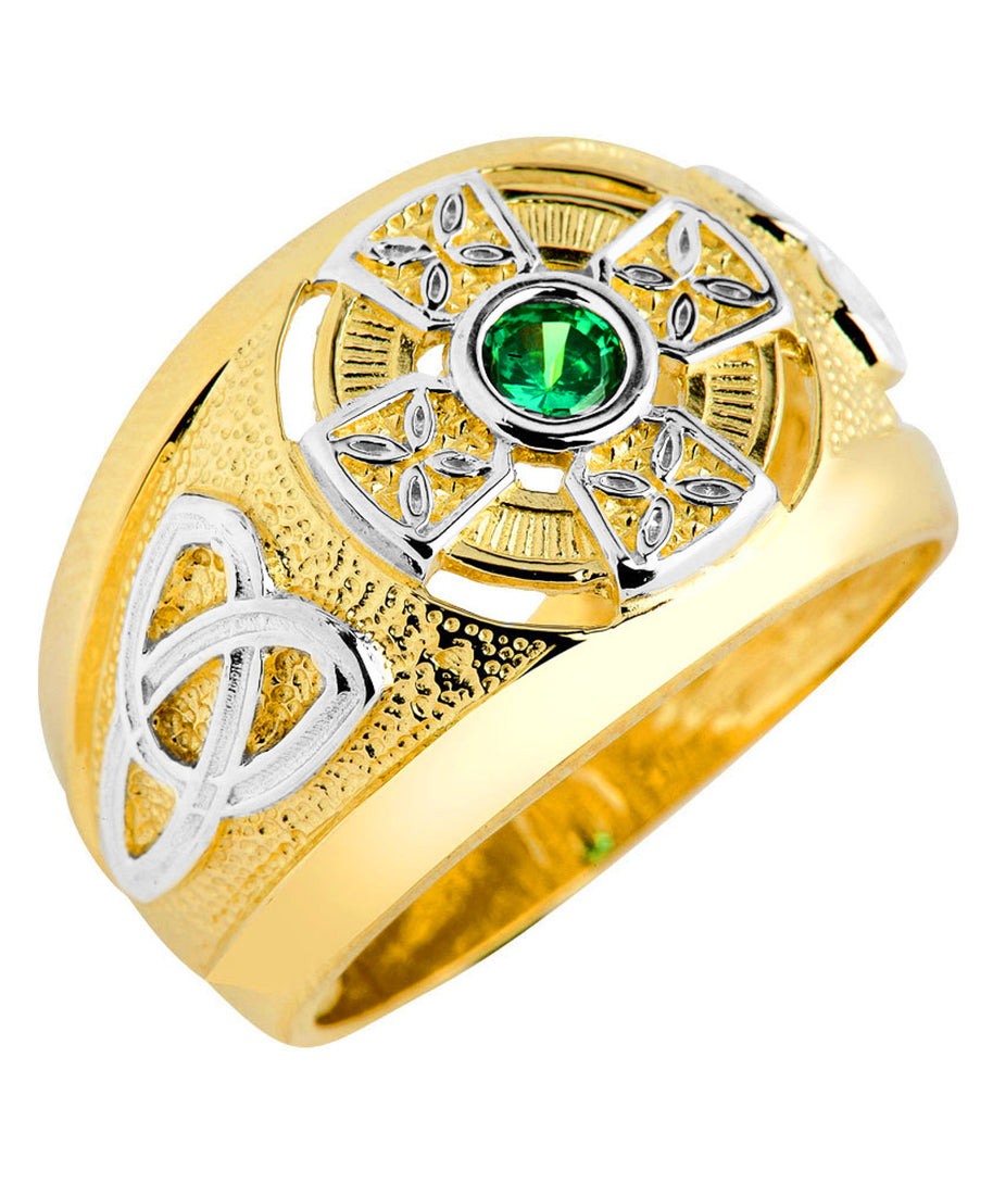 Two-Tone Gold Emerald CZ Celtic Cross Men's Ring (Available In Yellow/Rose Gold)
