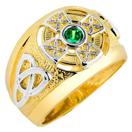 Two-Tone Gold Emerald CZ Celtic Cross Men's Ring (Available In Yellow/Rose Gold)