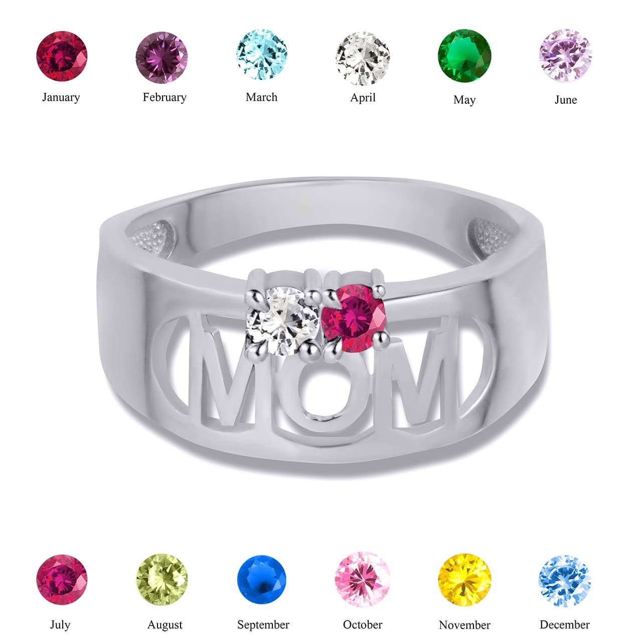 .925 Sterling Silver Custom Two Birthstone Mom Band Ring