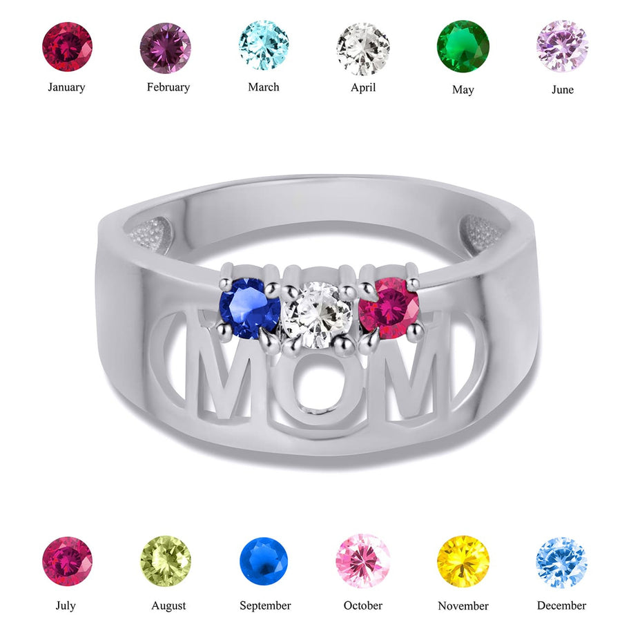 .925 Sterling Silver Custom Three Birthstone Mom Band Ring
