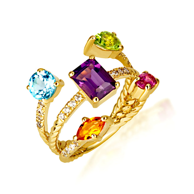 Gold Pear Cut Double Gemstone Rope Band Ring (Available in Yellow/Rose/White Gold)