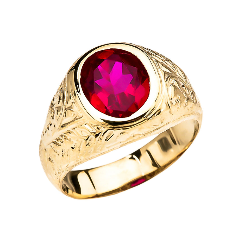 Men's Solid Gold Engraved Design Red CZ Solitaire Ring (Available in Yellow/Rose/White Gold)
