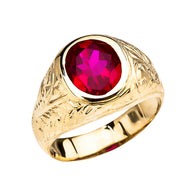 Men's Solid Gold Engraved Design Red CZ Solitaire Ring (Available in Yellow/Rose/White Gold)