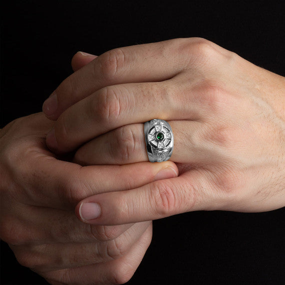 Gold Emerald CZ Celtic Cross Men's Ring (Available In Yellow/White Gold)