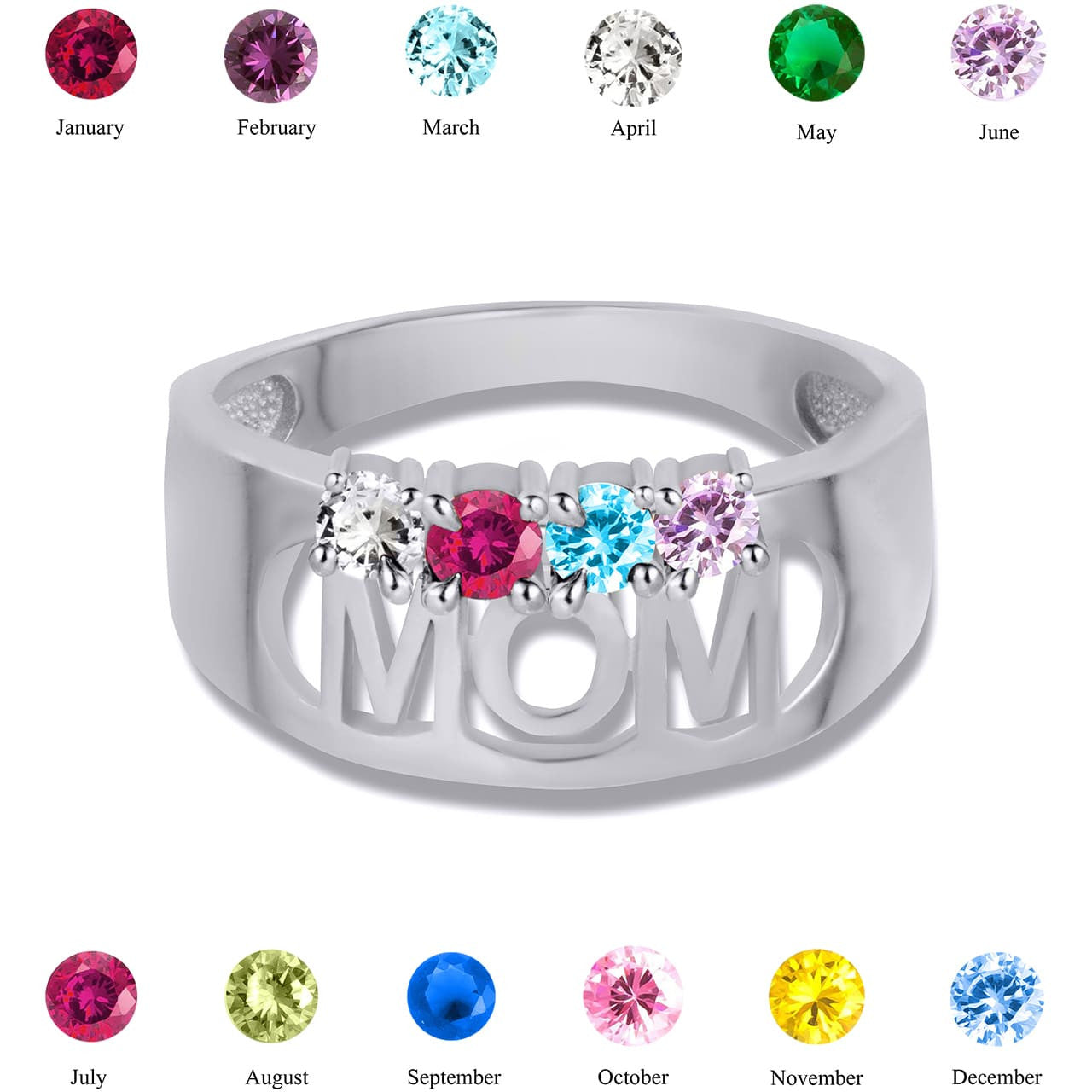 .925 Sterling Silver Custom Four Birthstone Mom Band Ring