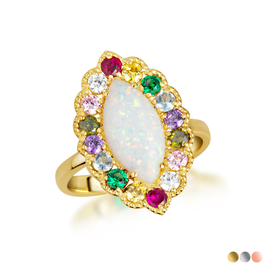 Gold Marquise Cut Natural Opal Gemstone Halo Ring (Available in Yellow/Rose/White Gold)