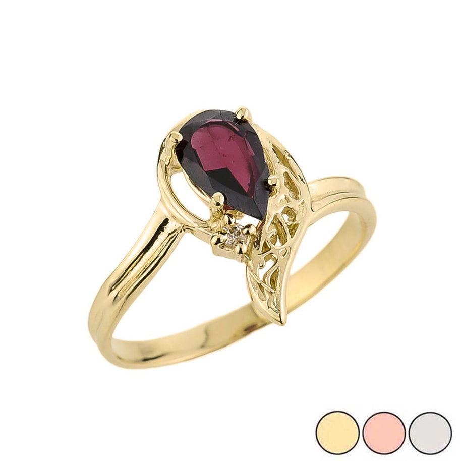 10K Gold Ladies Pear Shaped Garnet Gemstone Ring (Available in Yellow/Rose/White)