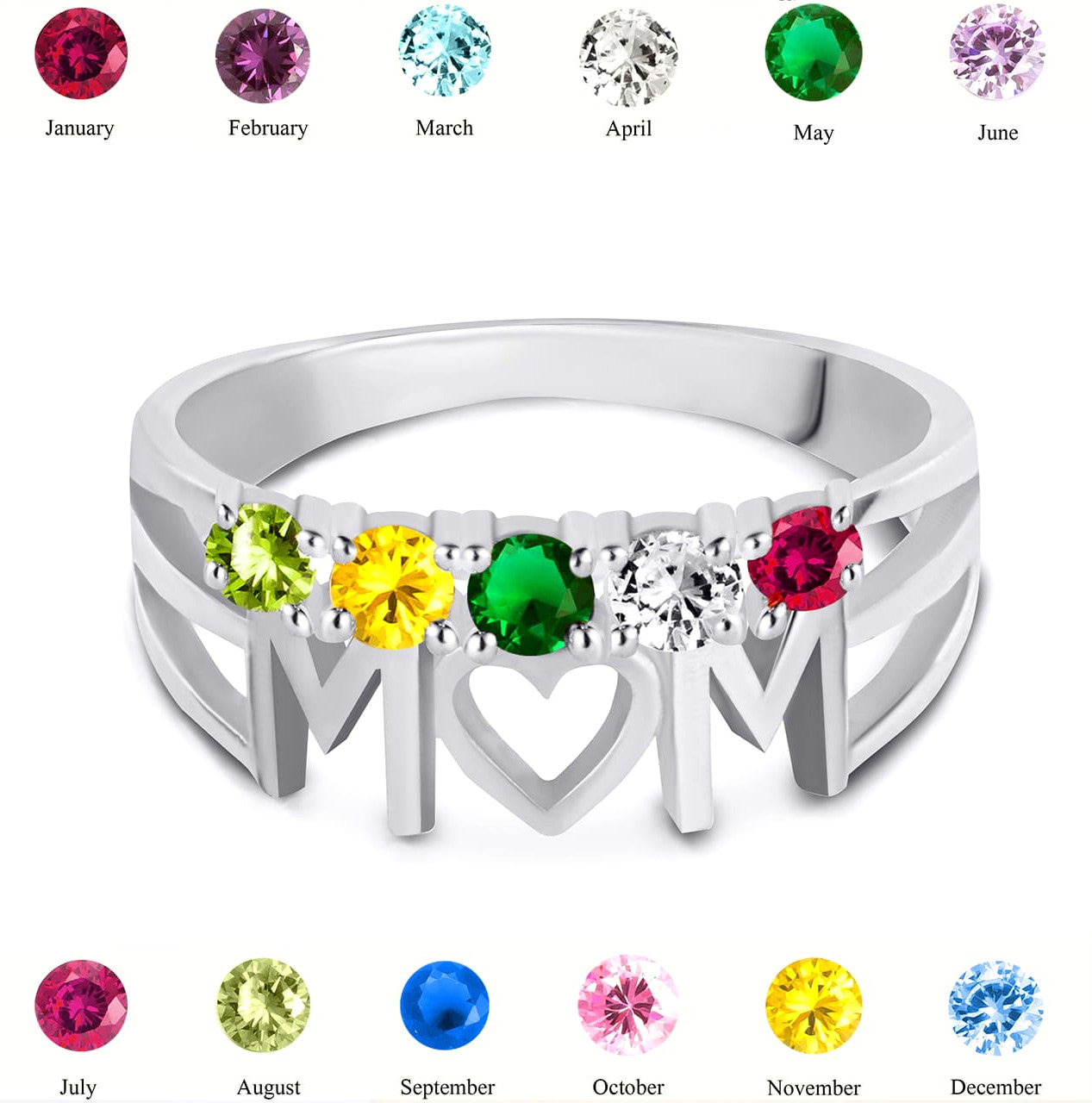 Silver Personalized Mom Heart 5 Birthstones Mother's Ring