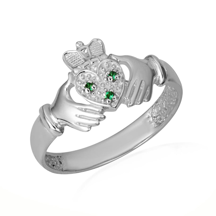 .925 Sterling Silver Claddagh Heart Crown Emerald Birthstone Ring