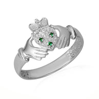 .925 Sterling Silver Claddagh Heart Crown Emerald Birthstone Ring