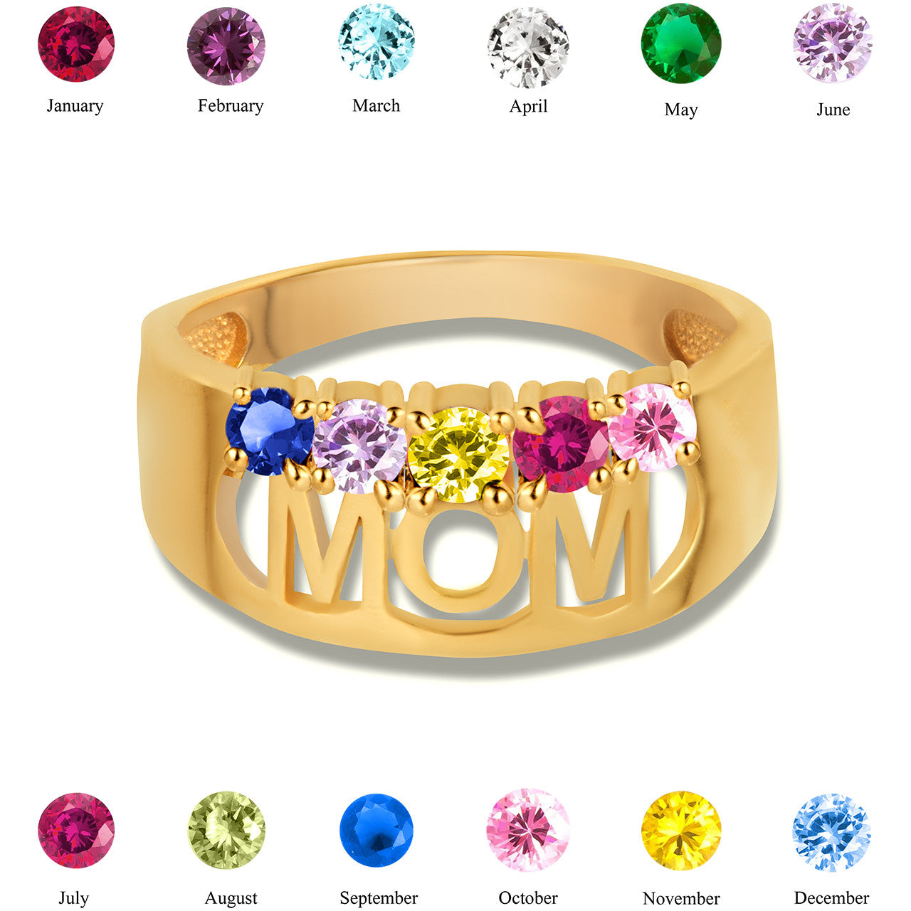 Gold Custom Five Birthstone Mom Band Ring (Available in Yellow/Rose/White Gold)