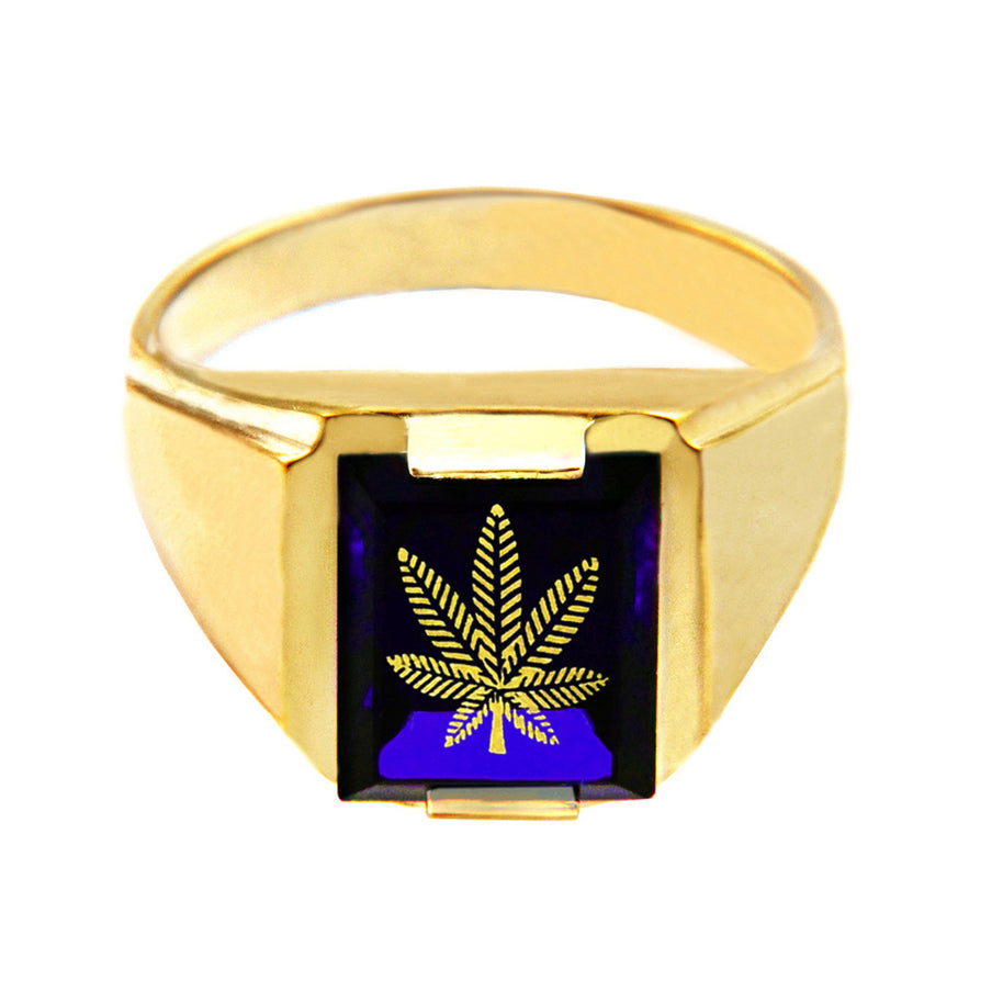 Solid Yellow Gold Blue CZ Stone Marijuana Signet Men's Ring