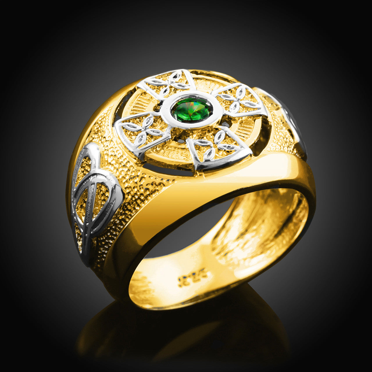Two-Tone Gold Emerald CZ Celtic Cross Men's Ring (Available In Yellow/Rose Gold)