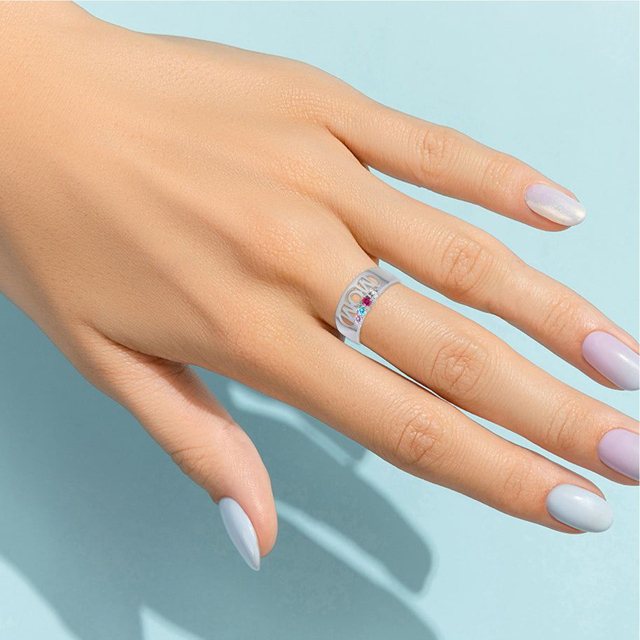 .925 Sterling Silver Custom Four Birthstone Mom Band Ring