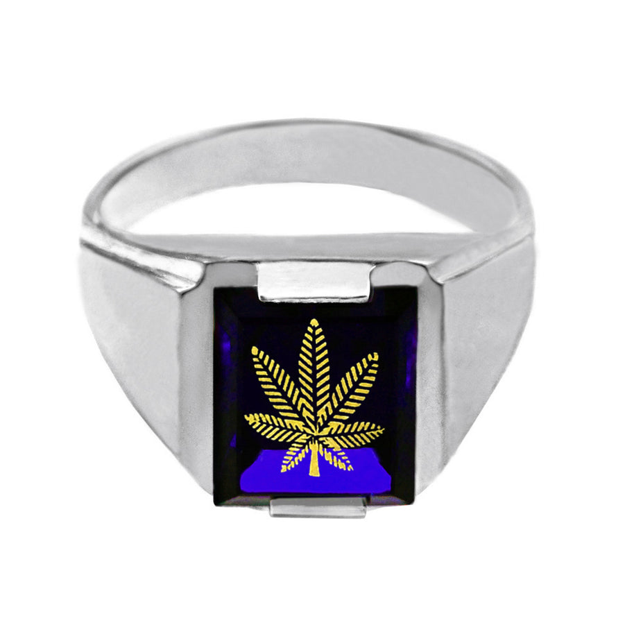 Solid White Gold Blue CZ Stone Marijuana Signet Men's Ring